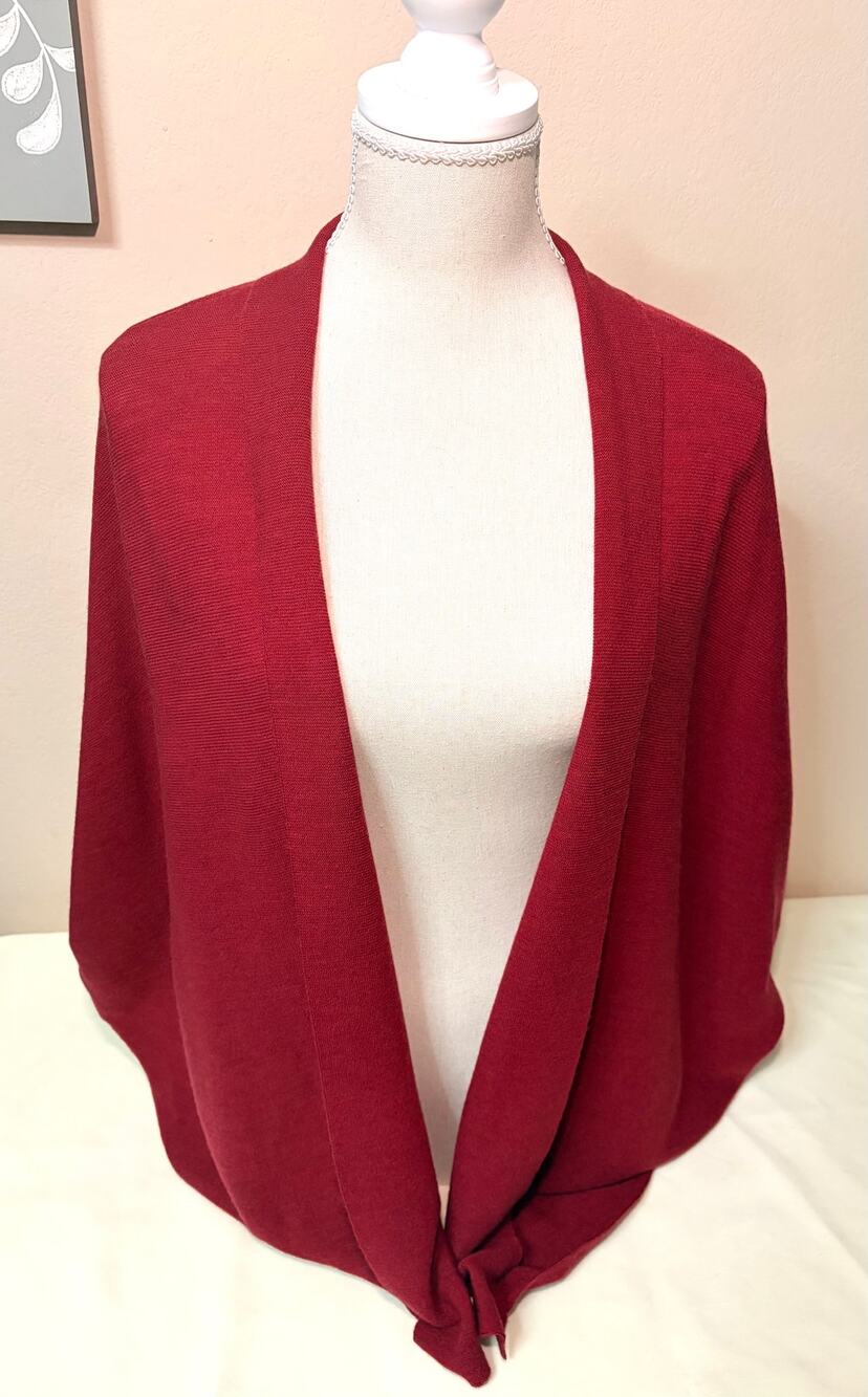 Eileen Fisher Merino Wool Burgundy Open Front Tie Front Cardigan Sweater Size M